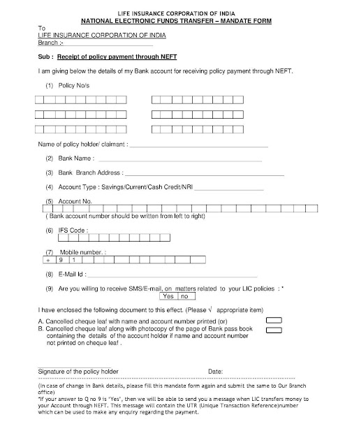 LIC forms download - LIC NEFT from