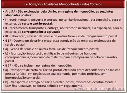 Lei Federal 6538/1978 - art. 9º - Atividades Monopolizadas pelos Correios.