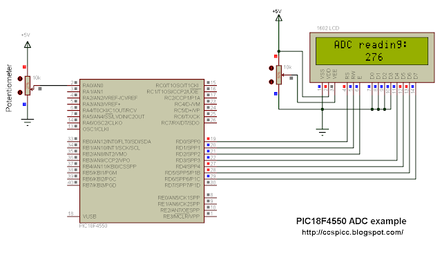 PIC18F4550 ADC circuit with LCD display CCS C