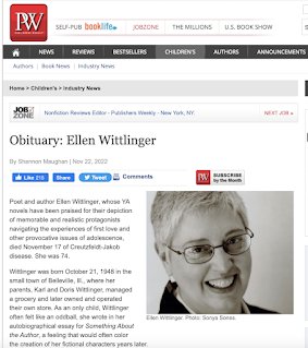 Publishers Weekly Obituary for Ellen Wittlinger, with a photo of Ellen by Sonya Sones