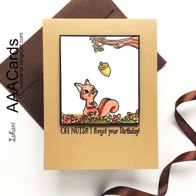 Soory, I am late card, Late birthday wishes card, Crafty Meraki Nutty friends stamp set, CAS Squirrel card,AAA,AAA Cards,Crafty Meraki,CAS card, Belated wishes card.,Copic coloring, Quillish