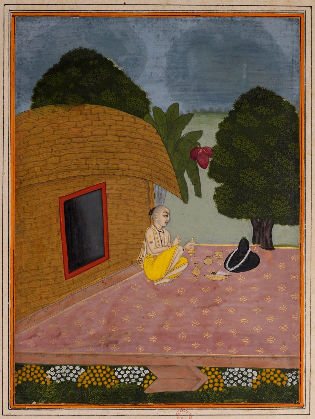 Man Worshipping Shiva Linga - Rajput Ragamala Painting from a Manuscript, Circa 1800