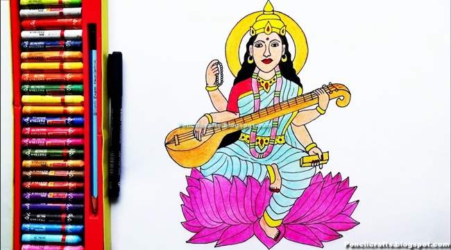 New Saraswati Devi Colored Pencil Drawings