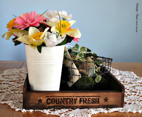 vintage pallet tray stenciled and stained to use in Spring vignete