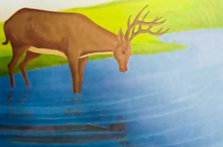 When the reindeer bent down to drink water he saw his reflection in the water of the stream. Reindeer story, deer story, deer and lion story, deer images,