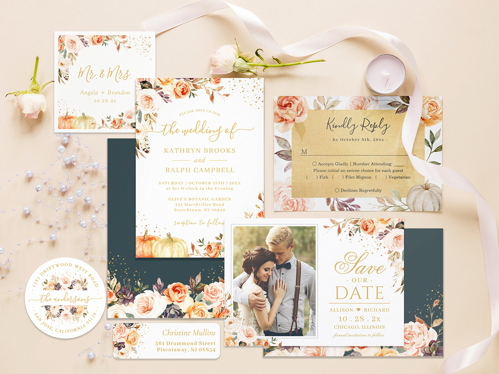 Beautiful Botanical Autumn Gold Floral Wedding Invitation Suite