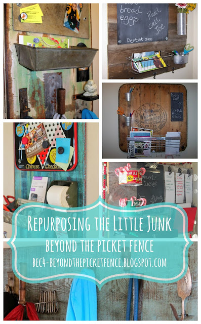 repurposed, junk, message board, memo board, coat hook, http://bec4-beyondthepicketfence.blogspot.com/2016/03/repurposing-little-junk.html