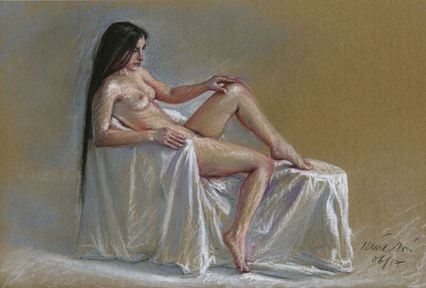 René Bui - Etude de nu au pastel sec - Femme assise aux longs cheveux noirs
