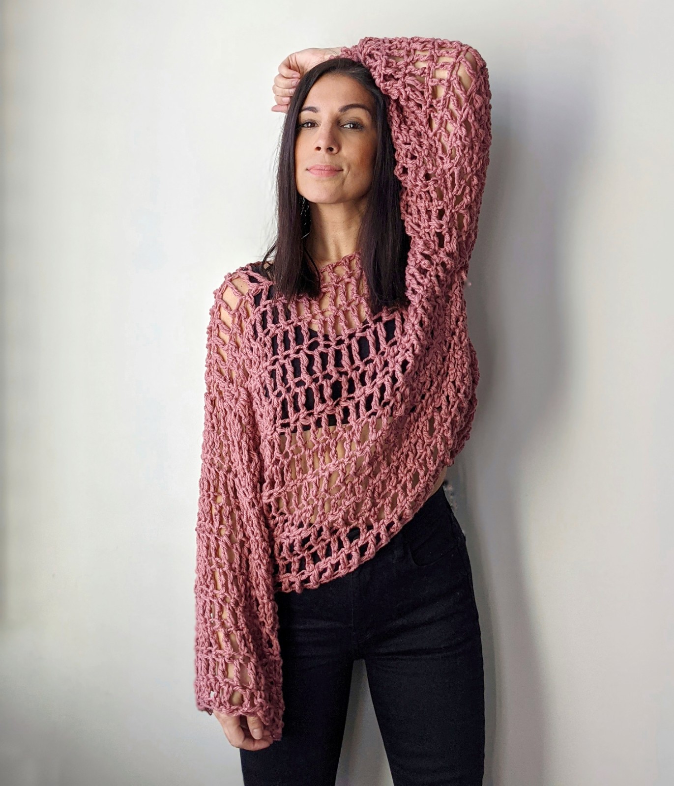 Pink Heart Crochet Long Sleeve Crop Top
