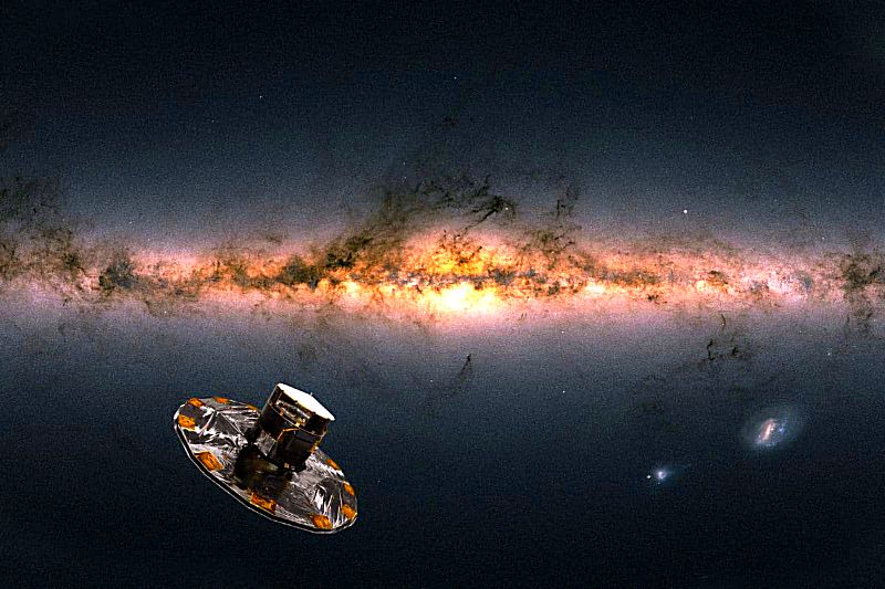 Impresión del Telescopio Espacial Gaia y la Vía Láctea. Imagen: Sonda espacial: ESA/ATG medialab; Vía Láctea: