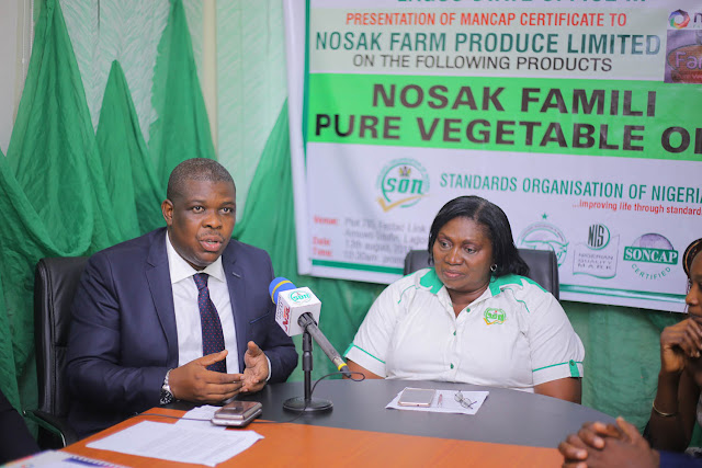 Nosak Famili Oil presented with (MANCAP) product quality certificate by the Standards Organisation of Nigeria (SON)
