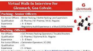 ITI/ Diploma/ B Sc/ B Pharma/ M Pharma Candidates Requirement in Glenmark Pharma Goa Location Selection By Virtual Walk-In Interview