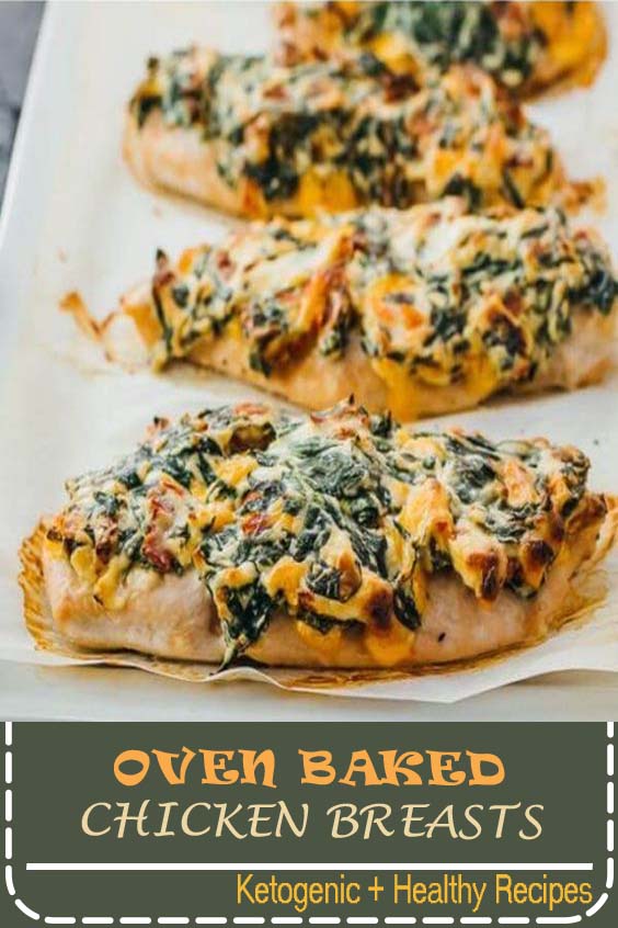 I love this easy oven baked chicken, made with boneless breast meat that comes out juicy and moist. It's also super simple to make, healthy, keto, low carb, and gluten free. It's almost like an un-stuffed chicken since it has a creamy topping with cheese, spinach, and tomatoes. One of the best dinner recipes I've had in awhile! Click the pin to find the recipe, nutrition facts, cooking tips, & more photos. #healthy #lowcarb #keto #ketorecipes #glutenfree #dinner #easydinner #chicken