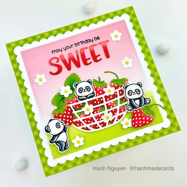 Sunny Studio Stamps: Strawberry Patch Die Focused Cards with Hanh Nguyen (featuring Panda Party, Build-A-Bowl Dies, Punny Fruit Greetings, Stitched Square Dies, Scalloped Square Dies)