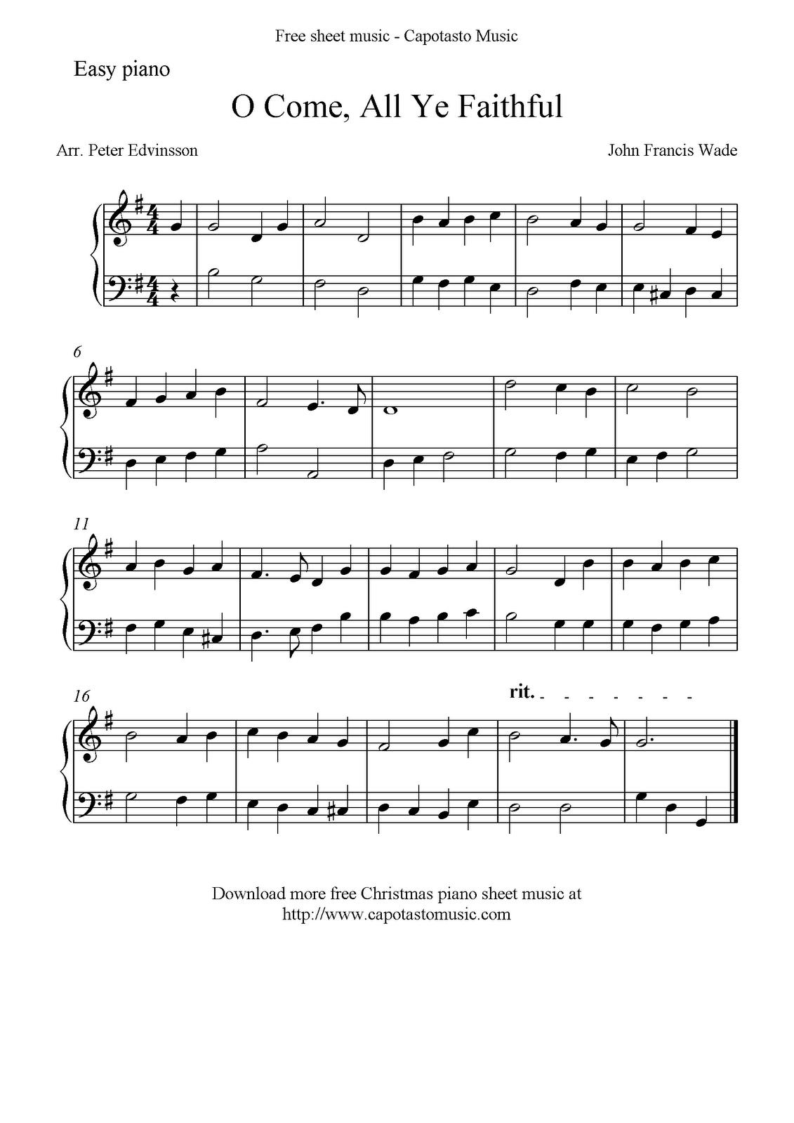 Free easy Christmas piano sheet music, O Come, All Ye Faithful