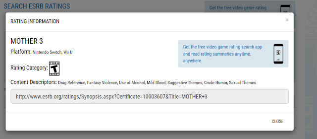  MOTHER 3 ESRB rating information Wii U Nintendo Switch 2017 content descriptors