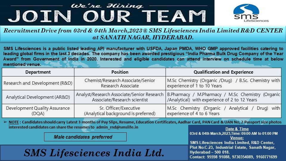 SMS Lifesciences India Ltd Walk-in Interview for MSc Chemistry (Organic/ Drug/ Analytical)/ BSc Chemistry BPharmacy/ MPharmacy