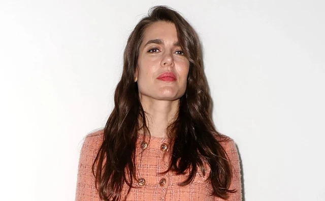 Charlotte Casiraghi wore a vibrant peachy tweed jacket from Metiers Art 2023-24 collection of Chanel
