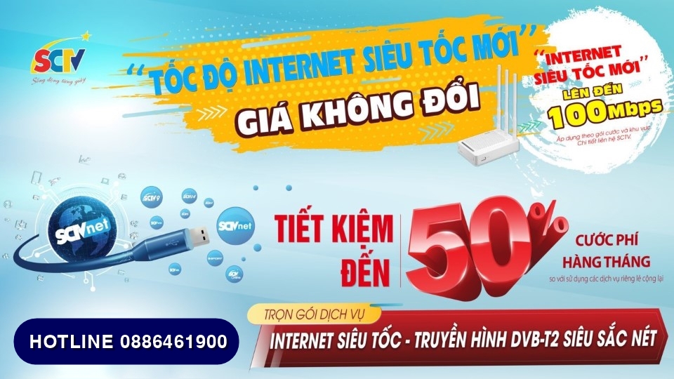 Dịch vụ trọn gói: Combo Internet + Truyền hình cáp SCTV ở Bến Tre khuyến mãi