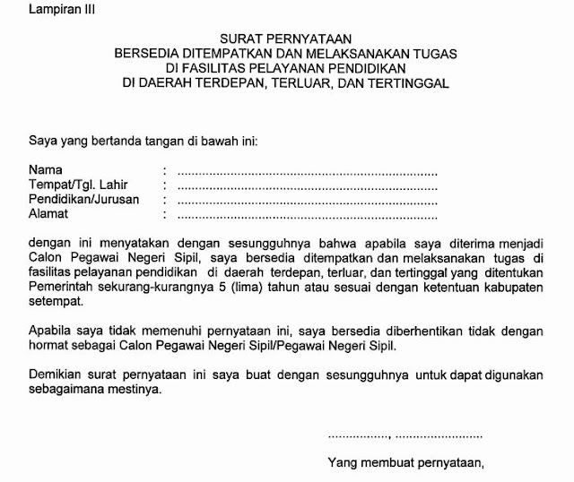 Inilah Format Resmi Surat Pernyataan Bersedia Ditempatkan 