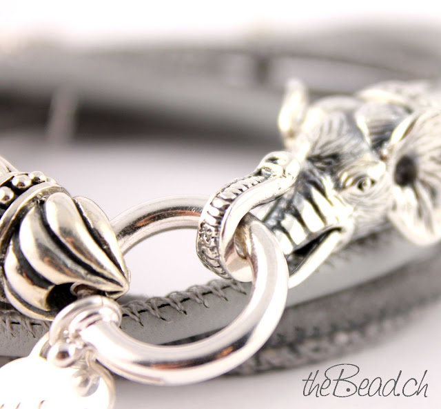 Lederarmband Grau mit massiv gearbeitetem 925 Sterling Elefantenkopf