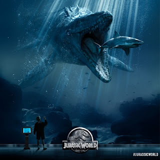 Mosasaurus chasing killing eating great white shark Jurassic World poster image picture wallpaper screensaver