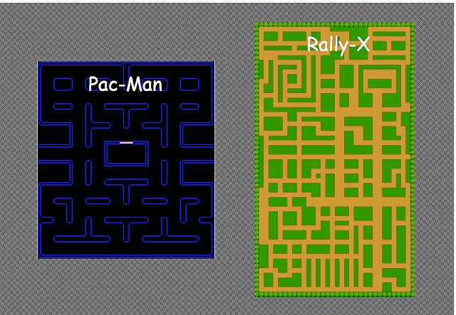 A side-by-side comparison of the mazes in Pac-Man and Rally-X (first level only).