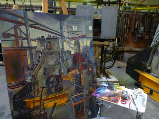 Oil painting of blacksmith forging in the Australian Technology Park, Eveleigh Railway Workshops by industrial heritage artist Jane Bennett