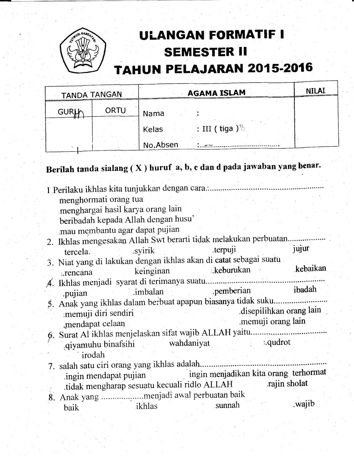 Ulangan Harian 1 Agama Islam SD Kelas 3 TA 2015 2016 Semester Genap