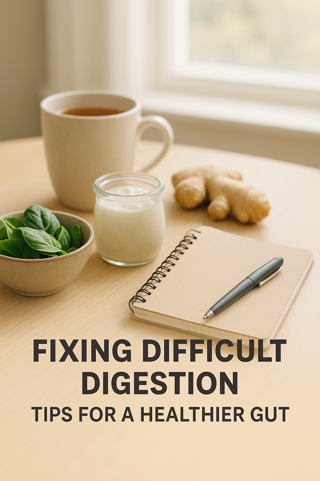 Natural remedies and trusted tips for fixing difficult digestion with gut-friendly foods and herbal tea in calming light.