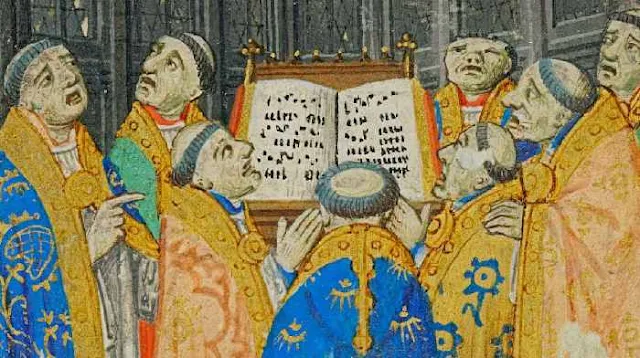 Grupo de monjes medievales reunidos alrededor de un manuscrito antiguo, observando atentamente las páginas de un gran libro iluminado.
