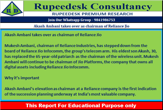 Akash Ambani takes over as chairman of Reliance Jio - Rupeedesk Reports - 29.06.2022