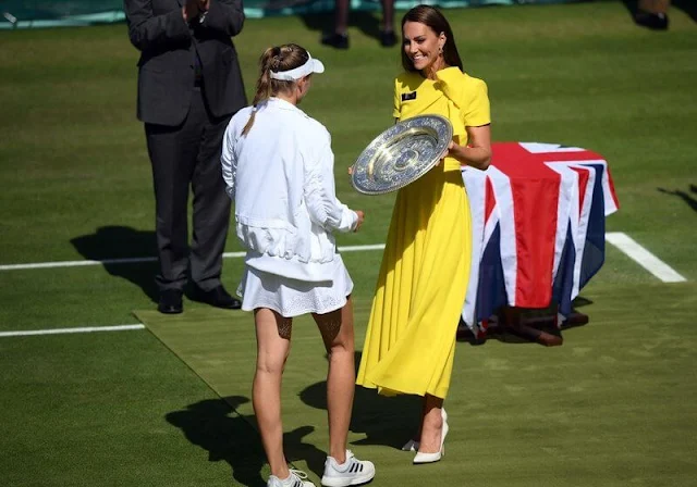 Kate Middleton wore a yellow Brigitte dress by Roksanda. Kazakhstan's Elena Rybakina and Tunisia's Ons Jabeur