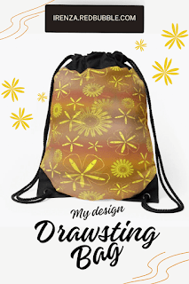 Yellow flowers on brown drawstring bag.