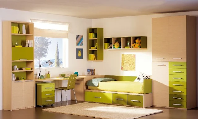 Dormitorio Juvenil en madera y verde limon o verde manzana fresco e inspirador