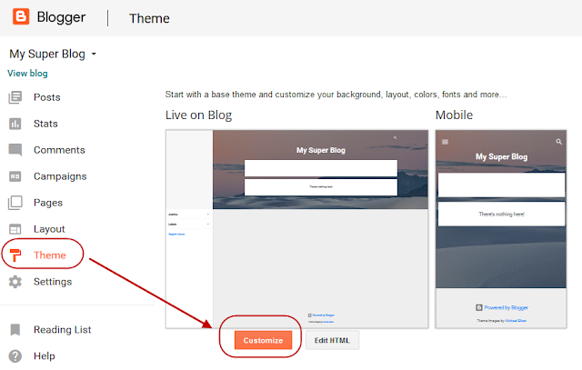 Open the Blogger Theme Designer (Theme / Customize)