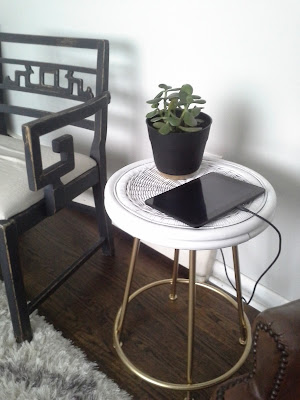 gold brass metal white wicker bamboo rattan side end table, charging station jade plant