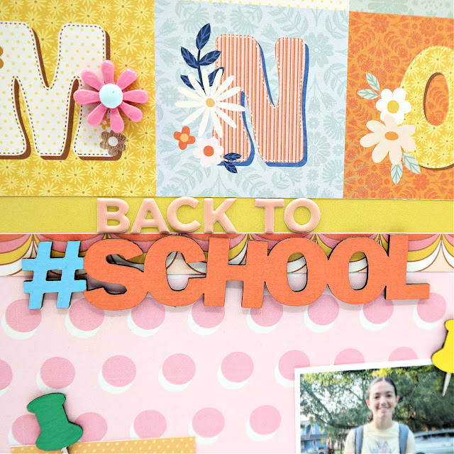 Back to School Puffy Letter Sticker and Hashtag Painted Chipboard Title on a Scrapbook Layout.