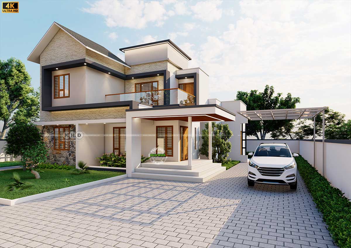 Exterior view of the 4-bedroom mixed roof house in Elayavoor, showcasing stone-tiled walls and a glass pergola car porch.