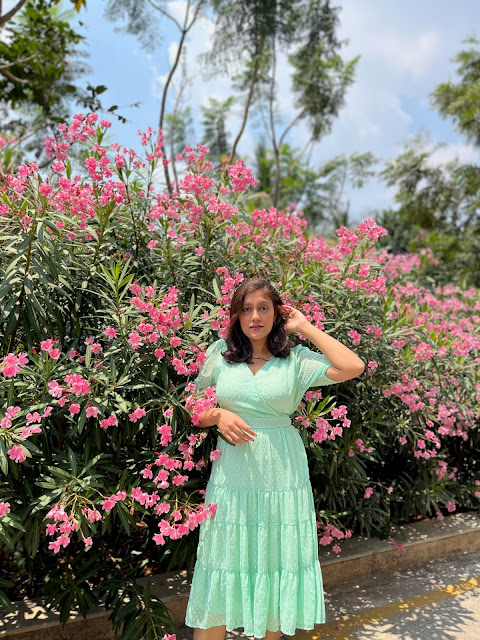 Summer mint dress outfit idea for apple body type mid size indian blogger
