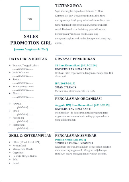 contoh 1 daftar riwayat hidup sales promotion girl kosmetik untuk fresh graduate