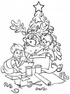 Kids decorating Christmas tree coloring page