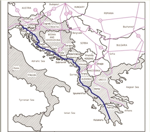 Map of the trail of the Adriatic-Ionian Corridor which passes through Italy, Slovenia, Croatia, Montenegro, Albania and Greece