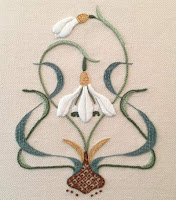 Crewel embroidery of snowdrops designed by Sarah Stevens of Melbury Hill