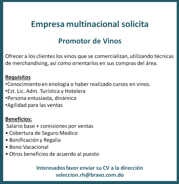 Vacante para Promotor de Vinos Envia tu CV