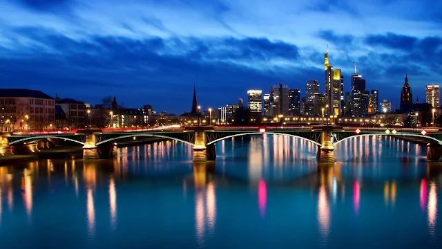 City, Night, Bridge, Buildings, River, Germany