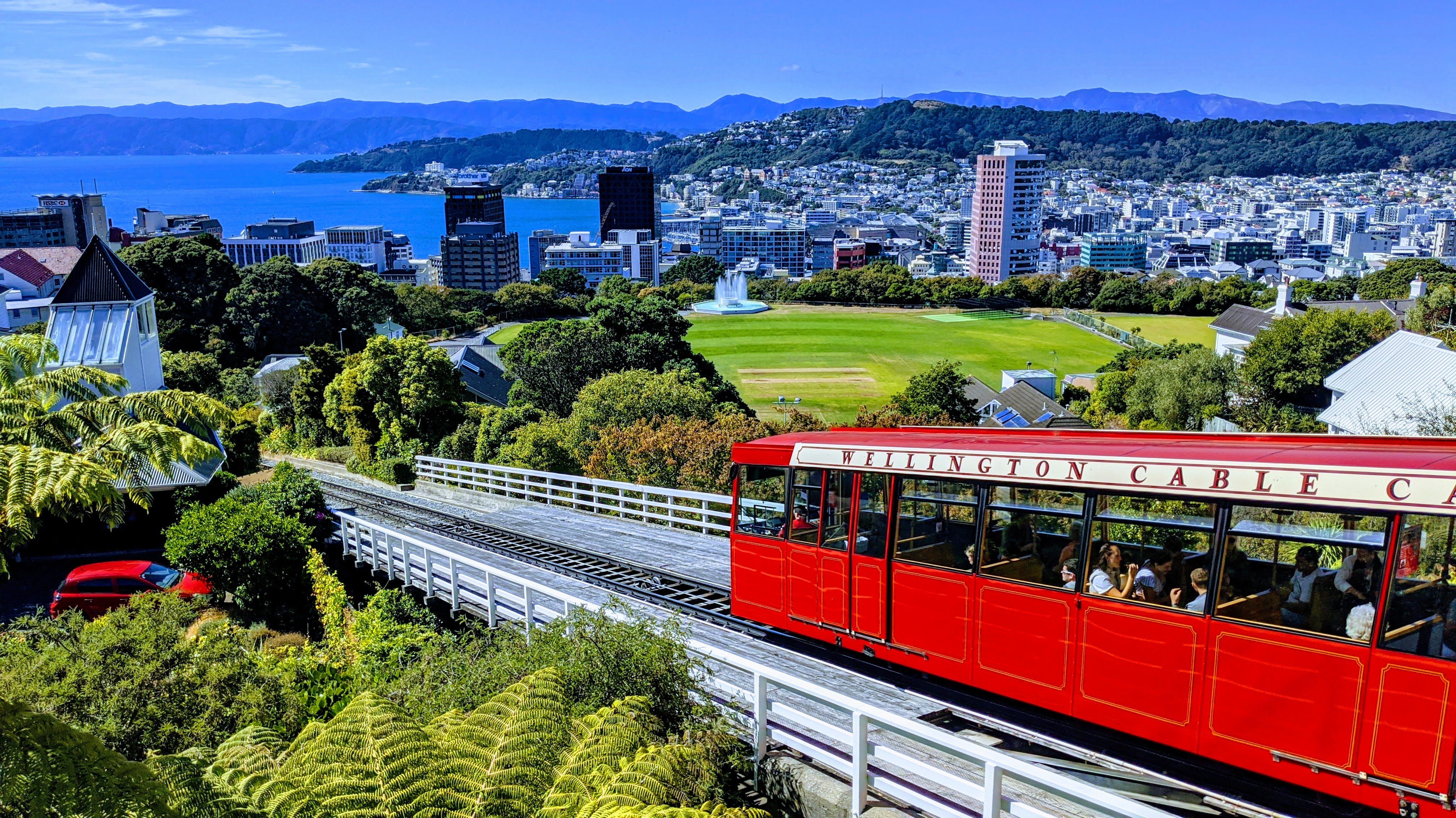 Wellington cable car with view over Wellington city and harbour