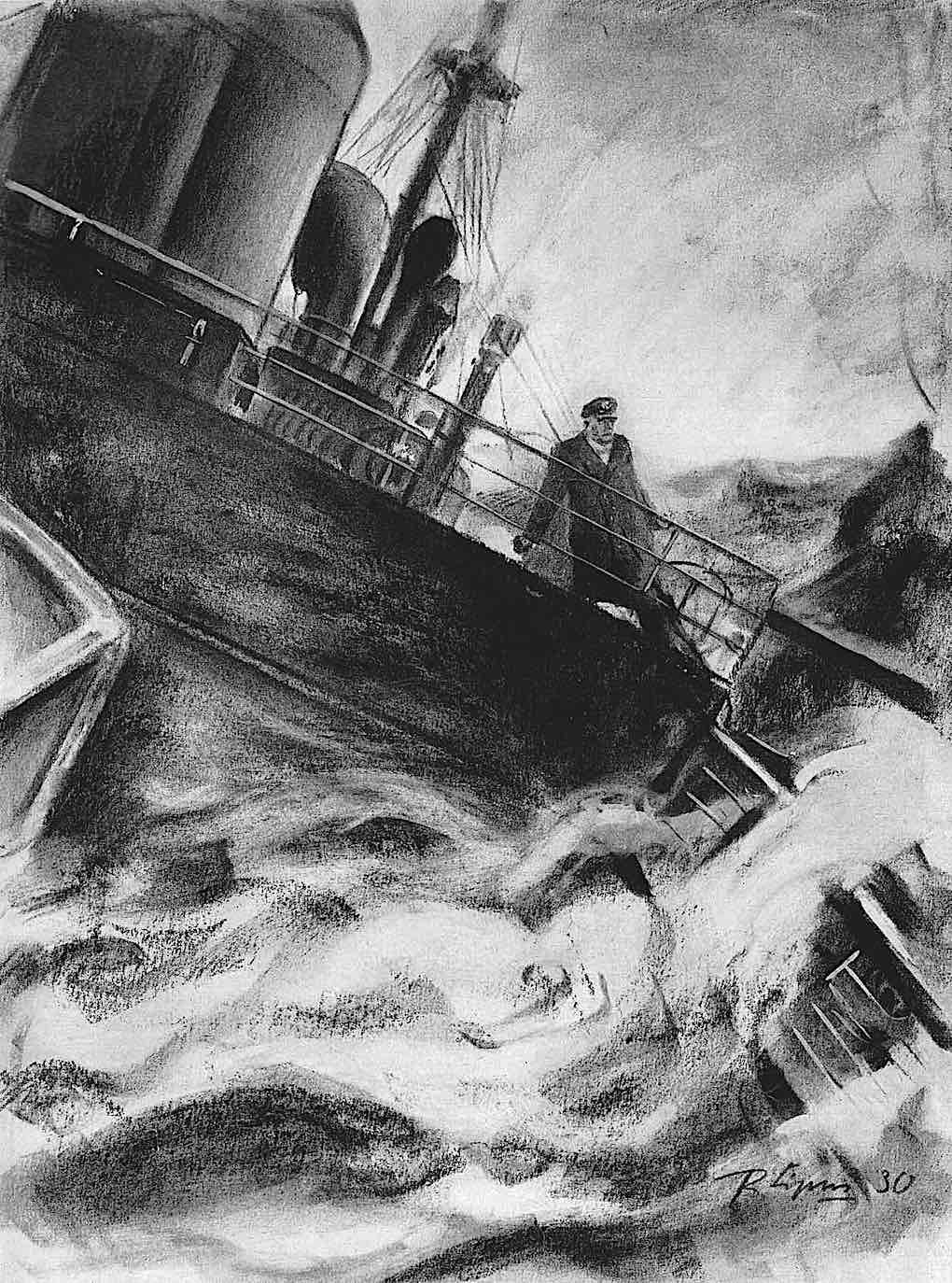 a Rudolf Lipius illustration 1930, a captain goes down with his ship