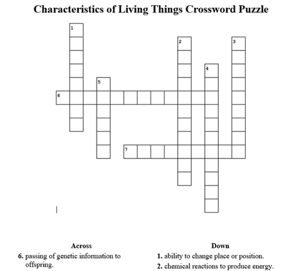 Characteristics of Living Things Crossword Puzzle