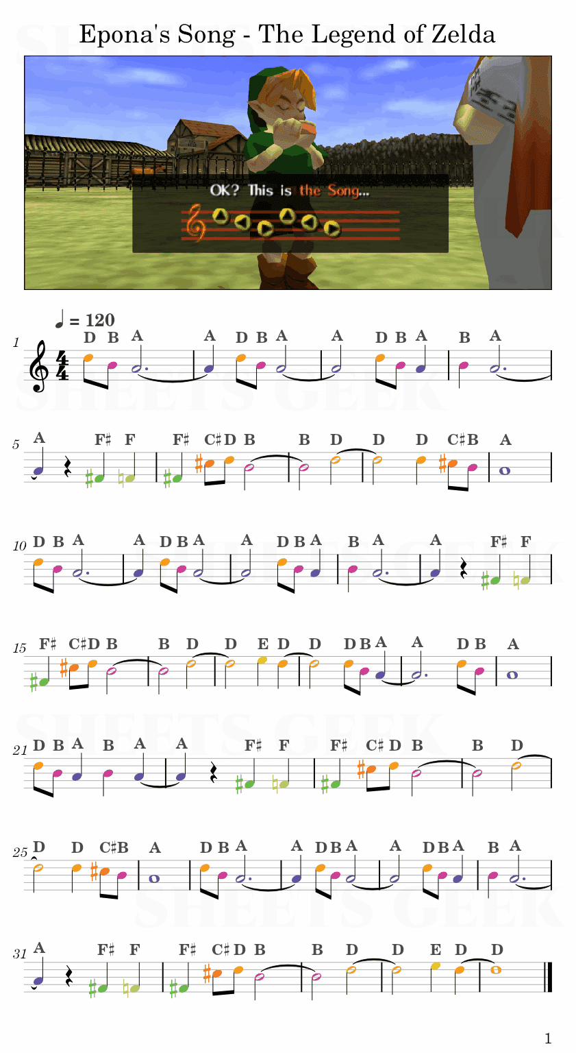 Epona's Song - The Legend of Zelda: Ocarina of Time Easy Sheet Music Free for piano, keyboard, flute, violin, sax, cello page 1